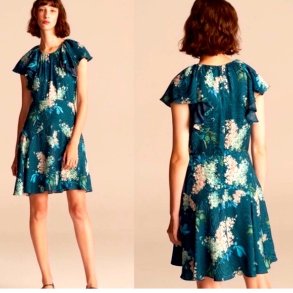 REBECCA TAYLOR Hydrangea Floral Silk Teal Shift Mini Dress Sz 8 MSRP $395 Party - Picture 1 of 14